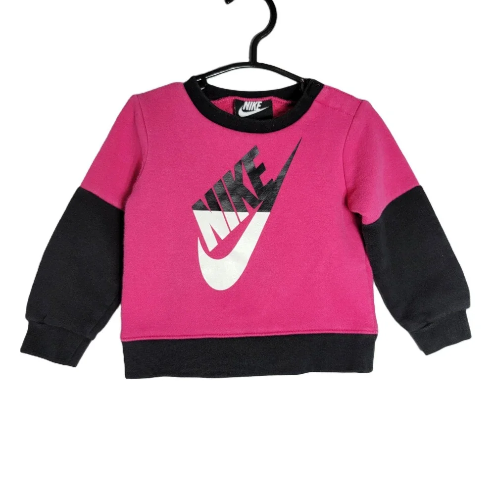 VTG Nike Toddler‎ Girls Pink Black Color Block Logo Sweatshirt 18M 80-86cm Y2K